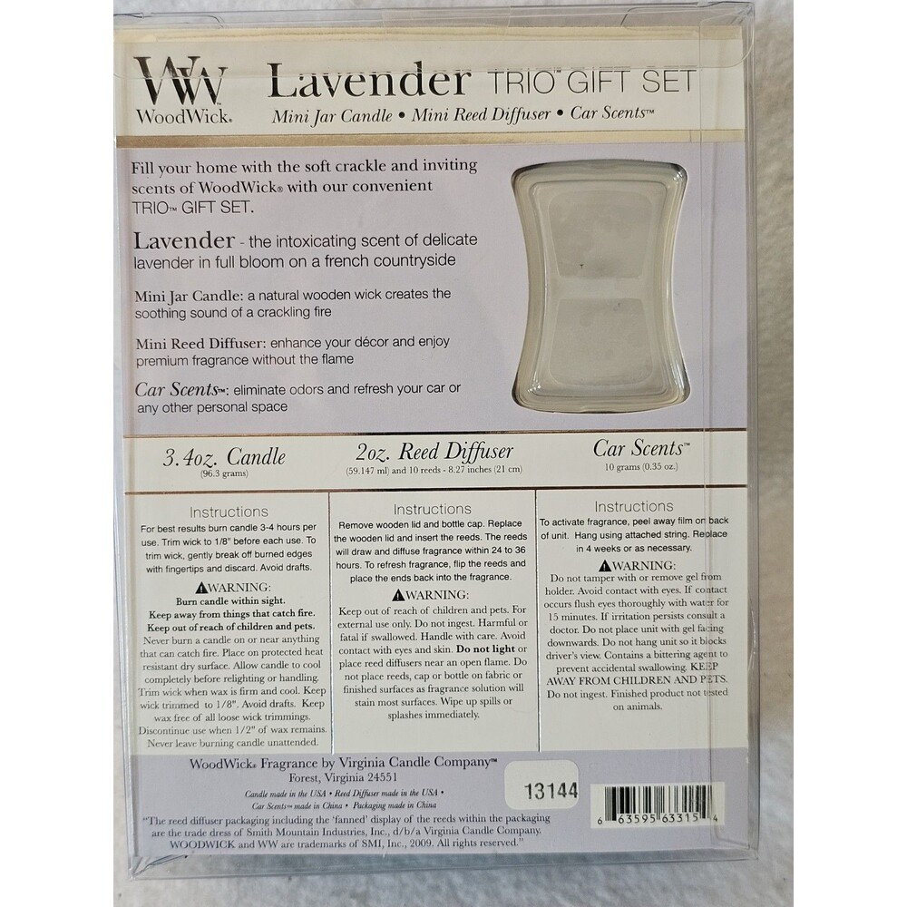 WoodWick Lavender Trio Gift Set Candle Reed Diffuser Car Scent New - Picture 4 of 4